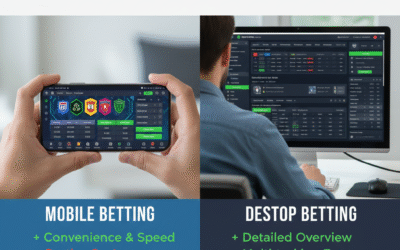 Mobile betting vs desktop betting comparison showing a betting app on a smartphone and an online betting site on a laptop