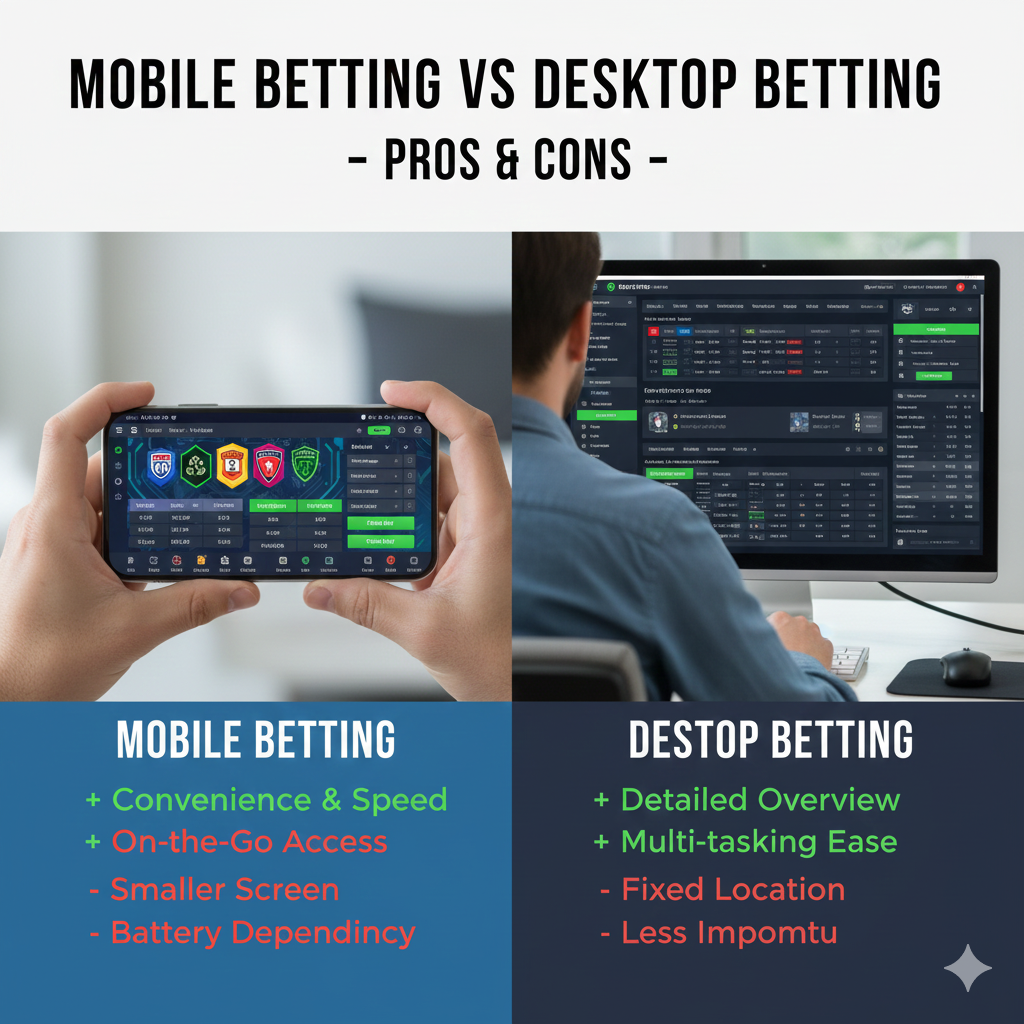 Mobile betting vs desktop betting comparison showing a betting app on a smartphone and an online betting site on a laptop