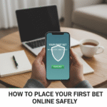 A beginner placing a safe online bet on a secure betting platform using a laptop with a security lock icon.