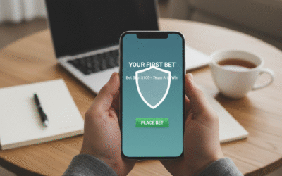 A beginner placing a safe online bet on a secure betting platform using a laptop with a security lock icon.